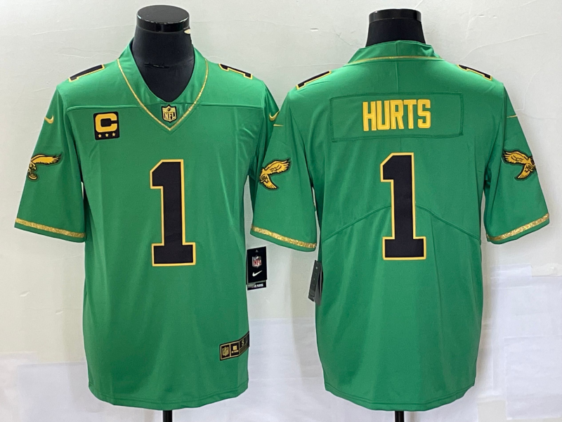 Men's Philadelphia Eagles #1 Jalen Hurts Green Gold Vapor Limited With C Patch Stitched Football Jersey
